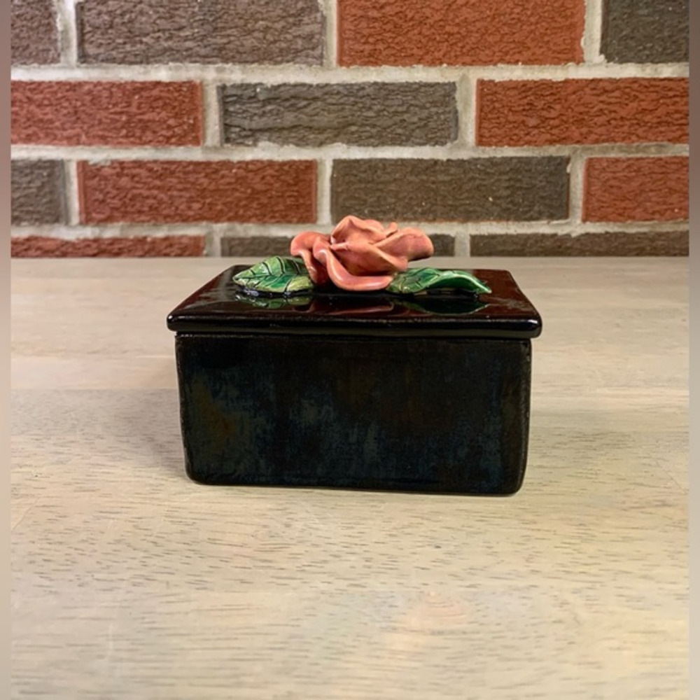 Black Glazed Trinket Box With Porcelain Rose